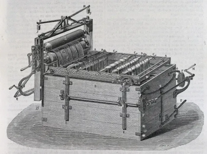 Gerahmter Druck : Textilmaschine, Schneidtechnik, SPANien, MADRID, INSTITUT Gerahmter Druck : Textilmaschine, Schneidtechnik, SPANien, MADRID, INSTITUT