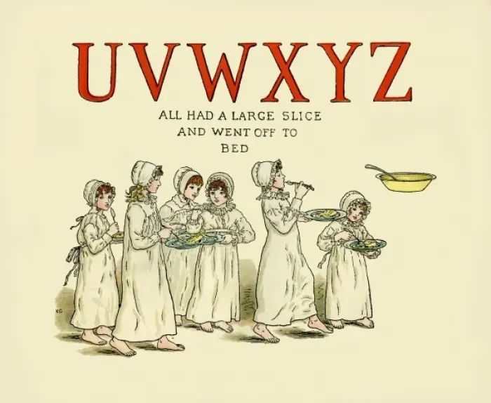 Gerahmter Druck : UVWXYZ. Von einem Apfelstrudel Die iköne Bildbücher von Kate Greenaway Datum: 1886 Gerahmter Druck : UVWXYZ. Von einem Apfelstrudel Die iköne Bildbücher von Kate Greenaway Datum: 1886