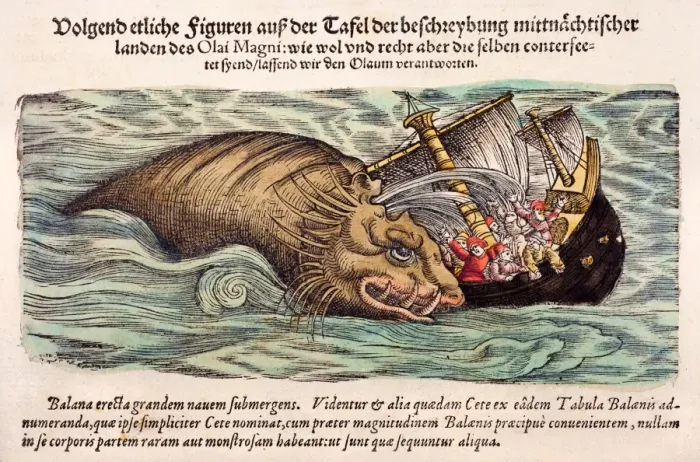 Gerahmter Druck : 1560 Gesner Walangriff auf ein Schiff. Gerahmter Druck : 1560 Gesner Walangriff auf ein Schiff.
