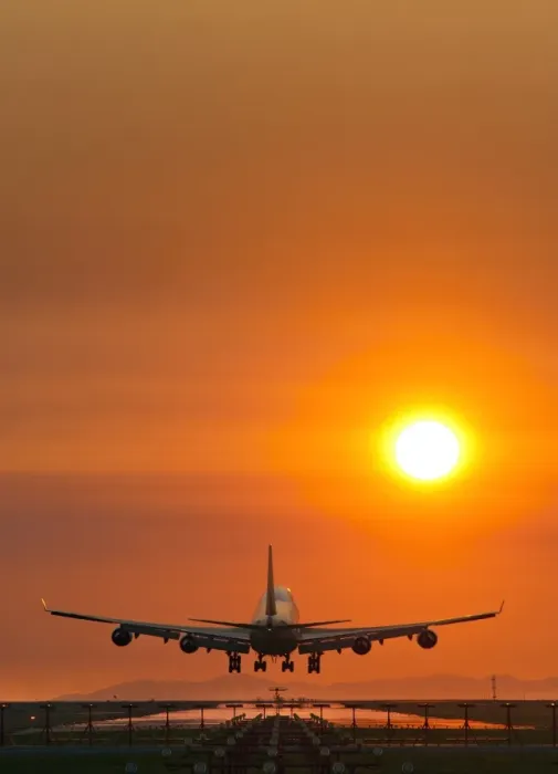 Gerahmter Druck : Flugzeug landet am Sonnenuntergang Gerahmter Druck : Flugzeug landet am Sonnenuntergang