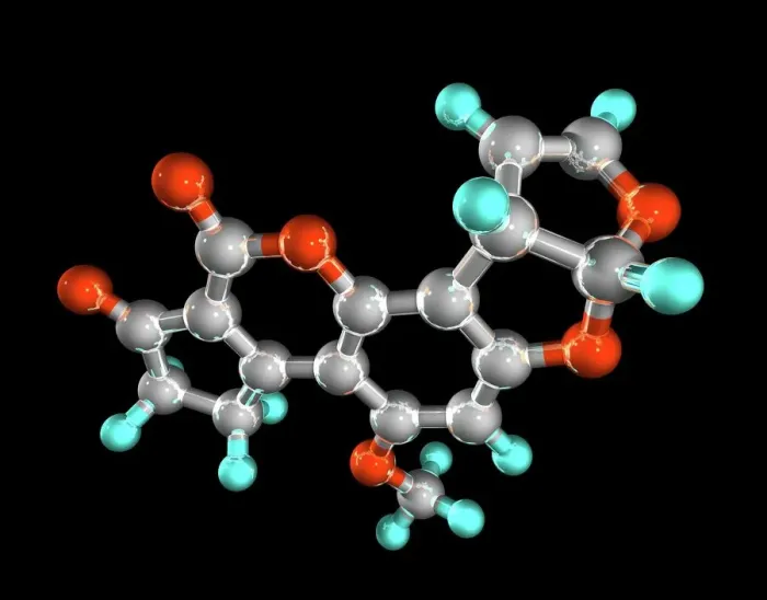Gerahmter Druck : Molekularmodell von Aflatoxin Gerahmter Druck : Molekularmodell von Aflatoxin
