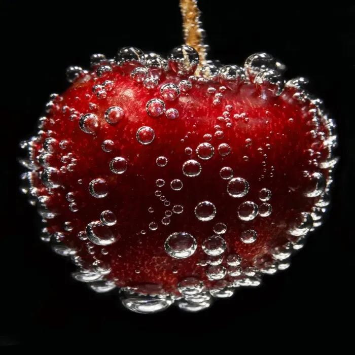 Gerahmter Druck : Cherry. Kirschblüte mit Luftblasen auf der Oberfläche, die sich im Wasser schwebt Gerahmter Druck : Cherry. Kirschblüte mit Luftblasen auf der Oberfläche, die sich im Wasser schwebt