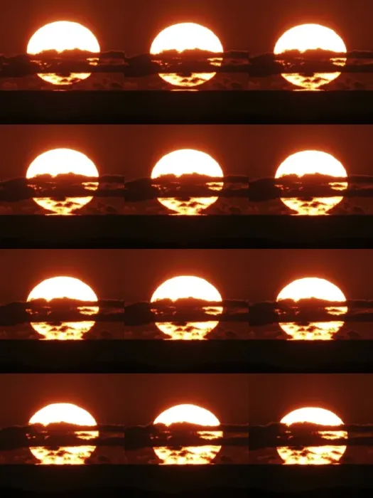 Gerahmter Druck : Sunset. Sonnenuntergang. Bildmontage von Sonne untergehen am Horizont Gerahmter Druck : Sunset. Sonnenuntergang. Bildmontage von Sonne untergehen am Horizont