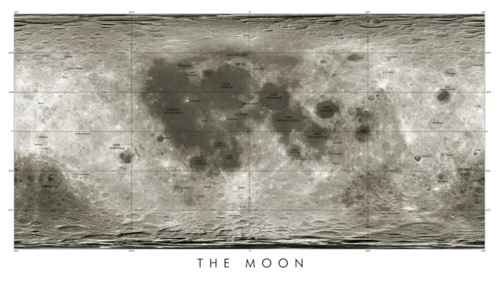Gerahmter Druck : Lunar map. Mondkarte. Karte, die den nahe und fernen Seiten des Mondes nach Daten zeigt Gerahmter Druck : Lunar map. Mondkarte. Karte, die den nahe und fernen Seiten des Mondes nach Daten zeigt