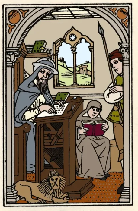 Gerahmter Druck : Mönch, der ein Buch abschreibt.