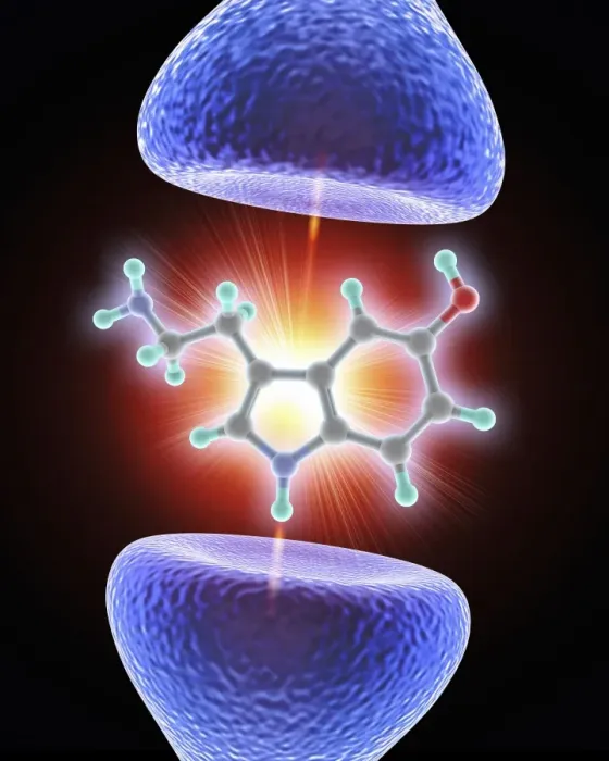 Gerahmter Druck : Gewebesynapsis und Serotoninmolekül Gerahmter Druck : Gewebesynapsis und Serotoninmolekül