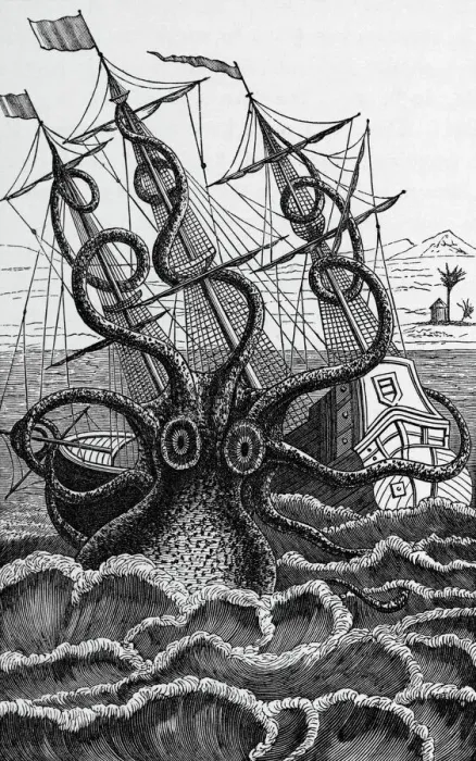 Gerahmter Druck : Oktopus angreift ein Schiff Gerahmter Druck : Oktopus angreift ein Schiff