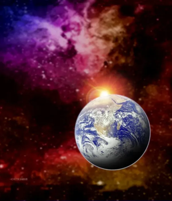 Gerahmter Druck : Sunrise. Sonnenuntergang mit der Erde im Weltraum und dem Sonnenaufgang hinter ihr Gerahmter Druck : Sunrise. Sonnenuntergang mit der Erde im Weltraum und dem Sonnenaufgang hinter ihr