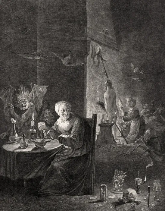 Gerahmter Druck : Hexenwerk, 18.Jhrt Gerahmter Druck : Hexenwerk, 18.Jhrt