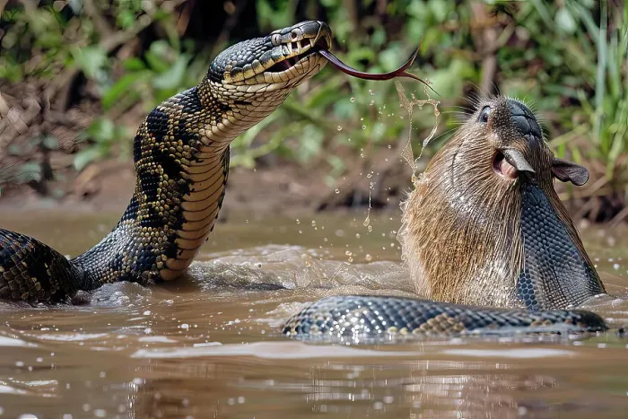 Gerahmter Druck : Bild eines großen Kaimans, das von einem künstlichen Intelligenz generierten Bild des größten Anacondas eine Kapibara jagt Gerahmter Druck : Bild eines großen Kaimans, das von einem künstlichen Intelligenz generierten Bild des größten Anacondas eine Kapibara jagt