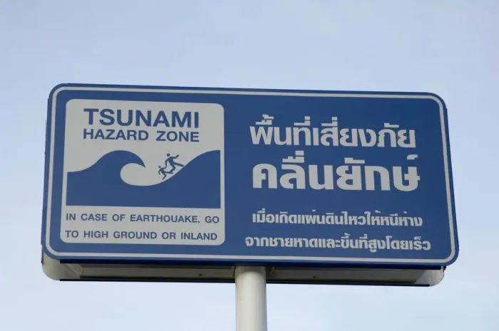 Gerahmter Druck : Warnungsschild für Tsunami Gerahmter Druck : Warnungsschild für Tsunami