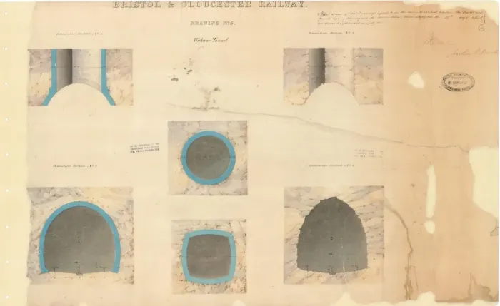 Gerahmter Druck : Bristol und Gloustersche Eisenbahn, Wickwar-Tunnel – Zeichnung Nr. 5 – Querschnittszeichnungen (1841) Gerahmter Druck : Bristol und Gloustersche Eisenbahn, Wickwar-Tunnel – Zeichnung Nr. 5 – Querschnittszeichnungen (1841)