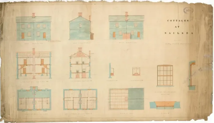 Gerahmter Druck : Kottenhäusler in Nailsea - Elevationen und Sectionen (1856) Gerahmter Druck : Kottenhäusler in Nailsea - Elevationen und Sectionen (1856)