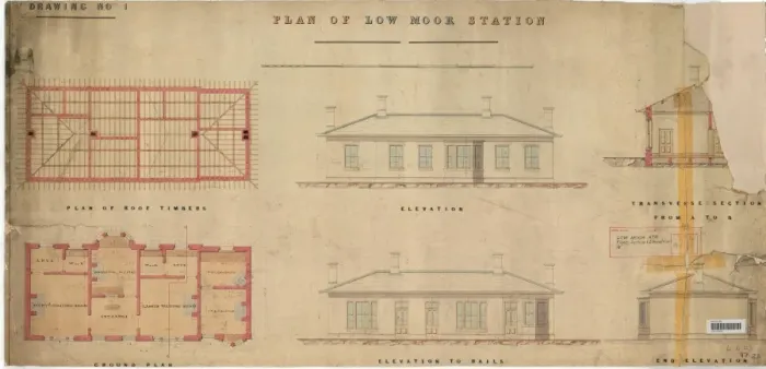 Gerahmter Druck : Gleisfeld L&YR Low Moor Bahnhof - Plan, Abschnitt und Höhenlage [ND]