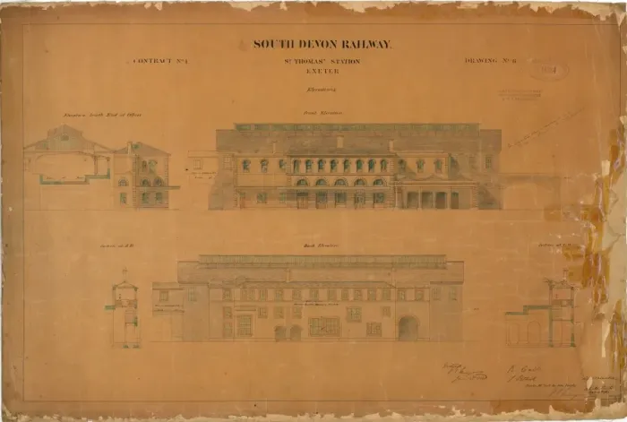 Gerahmter Druck : Süddevon-Eisenbahnbahnhof St Thomas Exeter Höhen und Profile [1860]