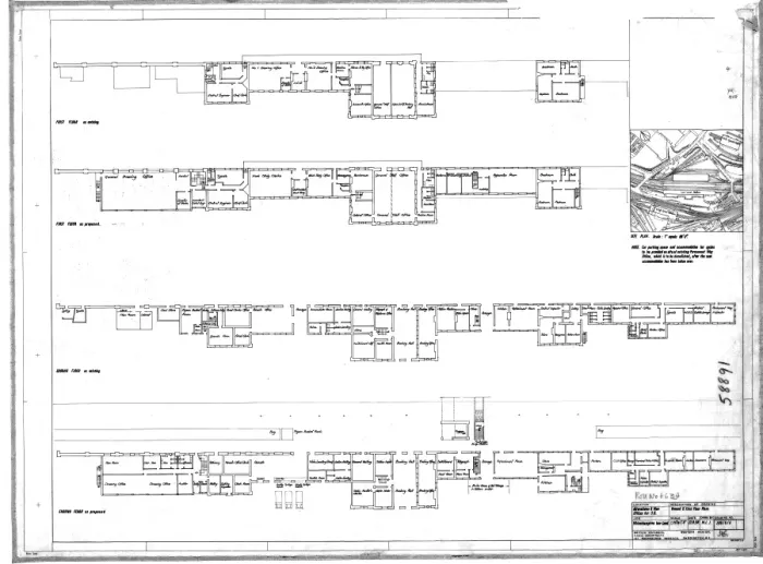 Gerahmter Druck : Wolverhampton Bahnhof Low-Level-Station, Änderungen und neue Büros für Bezirksingenieur, Grund- und Erst-Fußbodenpläne 1958