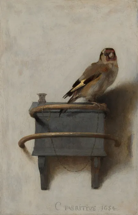 Gerahmter Druck : Der Goldfink, 1654, von Carel Fabritius, 1622-1654, niederländische Malerei, Öl auf Leinwand, Leinwand, Delfter Schule.