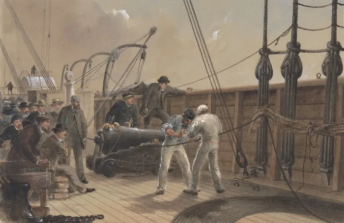 Gerahmter Druck : Das Splicing der Kabel an Bord der Great Eastern, 25. Juli 1865, Wasserfarbenmalerei des britischen Künstlers Robert Charles Dudley. Gerahmter Druck : Das Splicing der Kabel an Bord der Great Eastern, 25. Juli 1865, Wasserfarbenmalerei des britischen Künstlers Robert Charles Dudley.