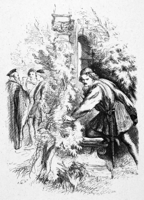 Gerahmter Druck : Viele über nichts. Benedick im Verborgensein und sich selbst fragend: Sollen Witze und Sätze und diese Papierkugeln des Gehirns einen Mann von der Laune seines Humors abhalten? (Act II, Szene III) aus William Shakespeares Viele über nichts. Holzstich nach Sir John Gilbert 1881 Gerahmter Druck : Viele über nichts. Benedick im Verborgensein und sich selbst fragend: Sollen Witze und Sätze und diese Papierkugeln des Gehirns einen Mann von der Laune seines Humors abhalten? (Act II, Szene III) aus William Shakespeares Viele über nichts. Holzstich nach Sir John Gilbert 1881
