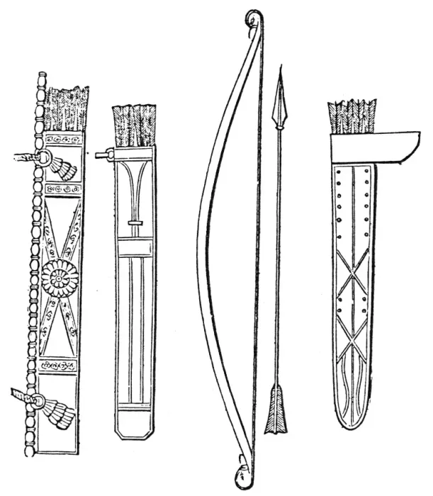 Gerahmter Druck : assyrische Waffen. Altassyrische Bogenschießbögen und Pfeilhalter aus Holz mit einer Kupferstichzeichnung vom Ende des 19. Jahrhunderts Gerahmter Druck : assyrische Waffen. Altassyrische Bogenschießbögen und Pfeilhalter aus Holz mit einer Kupferstichzeichnung vom Ende des 19. Jahrhunderts