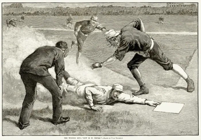 Gerahmter Druck : BASEBALLSPiele, 1885. Der Catcher der New Yorker Giants William Buck Ewing schält sich unter dem Chicago White Stockings-Catcher Silver Flint heimlich nach Hause und schießt den Siegtreffer in einem 1-0-Spiel im Polo Grounds, New York am 6. August 1885 ein Woodgraviert von Thure de Thulstrup aus einer zeitgenössischen amerikanischen Zeitung Gerahmter Druck : BASEBALLSPiele, 1885. Der Catcher der New Yorker Giants William Buck Ewing schält sich unter dem Chicago White Stockings-Catcher Silver Flint heimlich nach Hause und schießt den Siegtreffer in einem 1-0-Spiel im Polo Grounds, New York am 6. August 1885 ein Woodgraviert von Thure de Thulstrup aus einer zeitgenössischen amerikanischen Zeitung