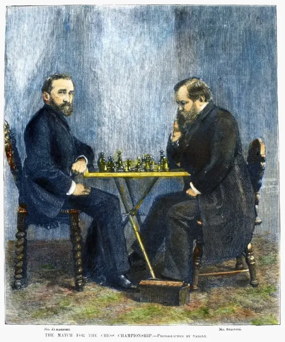 Gerahmter Druck : SCHACHTURNIER, 1886. Johanns Hermann Zuckertort (links) und Wilhelm Steinitz bei einem Schachturnier im Jahr 1886 in New York, Gemälde aus der Zeit mit amerikanischem Holzschnitt. Gerahmter Druck : SCHACHTURNIER, 1886. Johanns Hermann Zuckertort (links) und Wilhelm Steinitz bei einem Schachturnier im Jahr 1886 in New York, Gemälde aus der Zeit mit amerikanischem Holzschnitt.