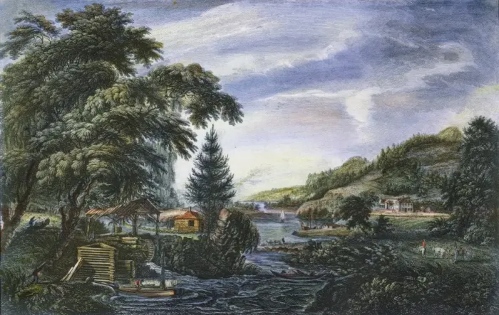 Gerahmter Druck : Koloniale Siedlung. Ein Entwurf zur Darstellung des Anfangs und Abschlusses eines amerikanischen Settlers oder Bauernhauses (mit Wassermühle in der unteren linken Ecke). Linolithegravur, Englisch, 1768 Gerahmter Druck : Koloniale Siedlung. Ein Entwurf zur Darstellung des Anfangs und Abschlusses eines amerikanischen Settlers oder Bauernhauses (mit Wassermühle in der unteren linken Ecke). Linolithegravur, Englisch, 1768