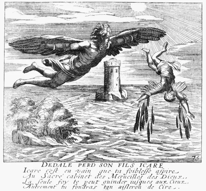 Gerahmter Druck : Daedalus und Ikarus. Der Sturz des Ikaros. Liniengravatur französisch, 1660 Gerahmter Druck : Daedalus und Ikarus. Der Sturz des Ikaros. Liniengravatur französisch, 1660