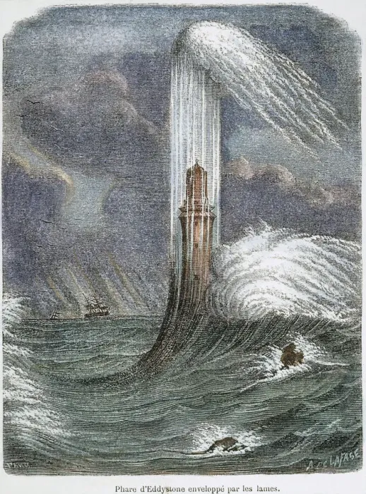 Gerahmter Druck : EDDYSTONE LITZENHAUS (1796). Das Leuchtturm auf der Insel Eddystone im Vereinigten Königreich wurde von Johann Smieton im Jahr 1759 neu erbaut. Linolithe-Grabung, Französisch, 19. Jahrhundert Gerahmter Druck : EDDYSTONE LITZENHAUS (1796). Das Leuchtturm auf der Insel Eddystone im Vereinigten Königreich wurde von Johann Smieton im Jahr 1759 neu erbaut. Linolithe-Grabung, Französisch, 19. Jahrhundert