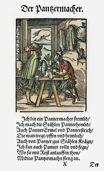 Gerahmter Druck : Rüstnerarbeiter, 1568. Rüstnerarbeiter, Hersteller von Hemden, Armstücken und Kragen für Rüstungen Gerahmter Druck : Rüstnerarbeiter, 1568. Rüstnerarbeiter, Hersteller von Hemden, Armstücken und Kragen für Rüstungen