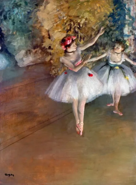 Gerahmter Druck : Degas : Tänzerinnen, um 1877. Zwei Tänzerinnen auf der Bühne. Öl auf Leinwand von Edgar Degass, um 1877