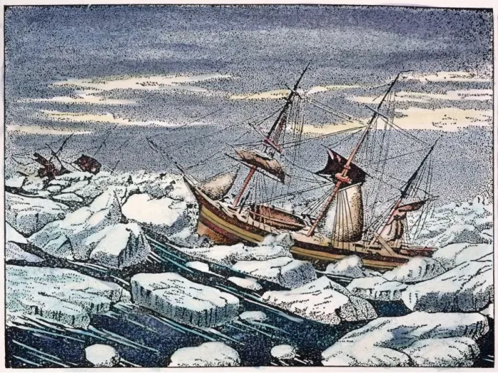 Gerahmter Druck : Hermann Schlegels Expedition, HMS Erebus und HMS Terror von Sir John Franks verlorener arktischer Ausflug (1845 - 47), der einen Sturm im Eispack mitstandete; zeitgenössische Holzstechung Gerahmter Druck : Hermann Schlegels Expedition, HMS Erebus und HMS Terror von Sir John Franks verlorener arktischer Ausflug (1845 - 47), der einen Sturm im Eispack mitstandete; zeitgenössische Holzstechung