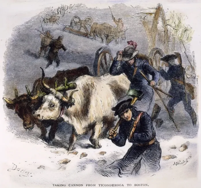 Gerahmter Druck : Seeleins See von Champlain: März, 1775. Soldaten unter der Führung des Obersten Henry Knox ziehen Kanonen durch Winternebel vom See Champlain zu der Continental Army die Belagerung in Boston auslösen: Holzschnitt, 19. Jahrhundert Gerahmter Druck : Seeleins See von Champlain: März, 1775. Soldaten unter der Führung des Obersten Henry Knox ziehen Kanonen durch Winternebel vom See Champlain zu der Continental Army die Belagerung in Boston auslösen: Holzschnitt, 19. Jahrhundert