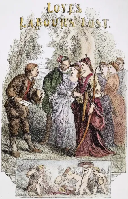 Gerahmter Druck : LOVES LABOUR LOST. Titelseite einer 19. Jahrhundert-Ausgabe von Shakespeares Liebe läuft vor die Hunde : Holzschnitt nach Sir John Gilbert. Gerahmter Druck : LOVES LABOUR LOST. Titelseite einer 19. Jahrhundert-Ausgabe von Shakespeares Liebe läuft vor die Hunde : Holzschnitt nach Sir John Gilbert.