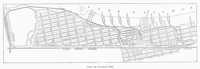 Gerahmter Druck : Karte: PULLMAN, um 1885. Karte der geplanten Gemeinde von Pullman im US-Bundesstaat Illinois (gegründet durch George Pullman), die für Arbeiter seines Eisenbahnunternehmens gegründet wurde. Linolithe-Gravur aus dem 19. Jahrhundert Gerahmter Druck : Karte: PULLMAN, um 1885. Karte der geplanten Gemeinde von Pullman im US-Bundesstaat Illinois (gegründet durch George Pullman), die für Arbeiter seines Eisenbahnunternehmens gegründet wurde. Linolithe-Gravur aus dem 19. Jahrhundert