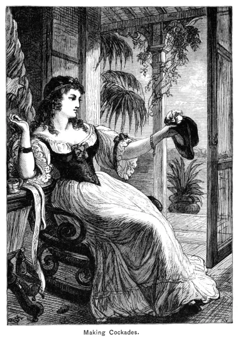 Gerahmter Druck : Krisis der Nullierung, 1832. Eine Südstaaten-Belle näht sich im Zeitpunkt des Nullifikationsordnans von 1832 eine mutige Palmetto-Kockade zu. Holzstich, Amerikanisch, 19.Jh Gerahmter Druck : Krisis der Nullierung, 1832. Eine Südstaaten-Belle näht sich im Zeitpunkt des Nullifikationsordnans von 1832 eine mutige Palmetto-Kockade zu. Holzstich, Amerikanisch, 19.Jh