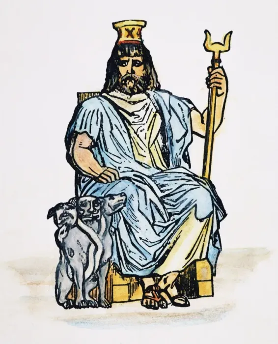 Gerahmter Druck : Pluto ist Gott des Unterworlds. Plutus (Hadens), griechische Götter der Unterwelt, bewacht von Kerkeros drei Kopf und Schwanz eines Drachenhundes. Linocutschnitt Gerahmter Druck : Pluto ist Gott des Unterworlds. Plutus (Hadens), griechische Götter der Unterwelt, bewacht von Kerkeros drei Kopf und Schwanz eines Drachenhundes. Linocutschnitt