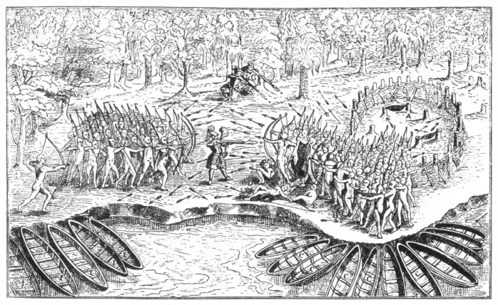Gerahmter Druck : SAMUEL DE CHAMPLAIN (Mittelpunkt), mit zwei französischen Harquebusiern (Oberseite) und freundlichen Algonquinen (Linke Seite) besiegen eine Irokesen-Kriegspartei an der heutigen Stelle von Ticonderoga am Lake Champlain, 29. Juli 1609. Linolithe-Druck aus dem 'Voyages de Samuel de Champlains' (1613) Gerahmter Druck : SAMUEL DE CHAMPLAIN (Mittelpunkt), mit zwei französischen Harquebusiern (Oberseite) und freundlichen Algonquinen (Linke Seite) besiegen eine Irokesen-Kriegspartei an der heutigen Stelle von Ticonderoga am Lake Champlain, 29. Juli 1609. Linolithe-Druck aus dem 'Voyages de Samuel de Champlains' (1613)