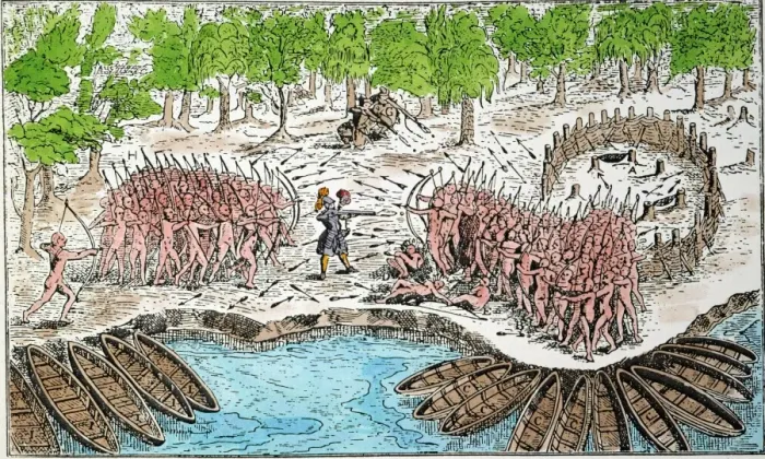 Gerahmter Druck : SAMUEL DE CHAMPLAIN. Champlain (Mittelpunkt), mit zwei französischen Harquebusiern (Oberseite) und freundlichen Algonquinen (links) besiegen eine Irokesen-Kriegspartei an der heutigen Stelle von Ticonderoga am Lake Champlain, 29. Juli 1609. Farbholzstich aus Champs Voyages (1613) Gerahmter Druck : SAMUEL DE CHAMPLAIN. Champlain (Mittelpunkt), mit zwei französischen Harquebusiern (Oberseite) und freundlichen Algonquinen (links) besiegen eine Irokesen-Kriegspartei an der heutigen Stelle von Ticonderoga am Lake Champlain, 29. Juli 1609. Farbholzstich aus Champs Voyages (1613)