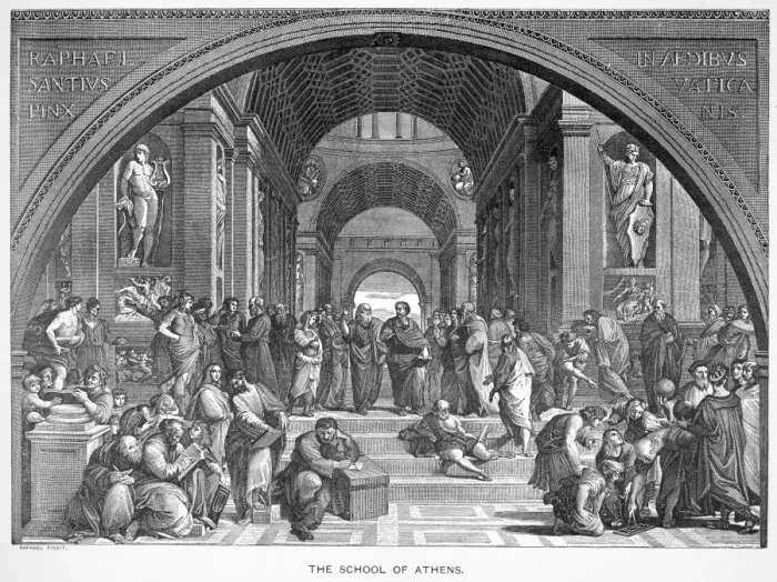 Gerahmter Druck : Die Schule von Athen mit Platon und Aristoteles im Mittelpunkt. Linienradierung nach dem Fresko aus den Jahren 1509-1510 von Raffael Gerahmter Druck : Die Schule von Athen mit Platon und Aristoteles im Mittelpunkt. Linienradierung nach dem Fresko aus den Jahren 1509-1510 von Raffael