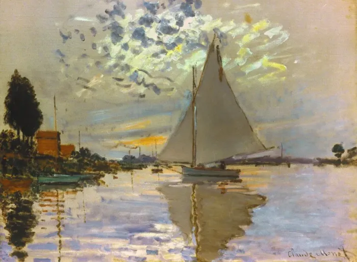 Gerahmter Druck : Monet : Segelschiff bei Petit-Gennevilliers. Öl auf Leinwand, 1874 Gerahmter Druck : Monet : Segelschiff bei Petit-Gennevilliers. Öl auf Leinwand, 1874