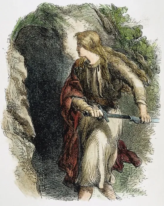 Gerahmter Druck : SCHAKESPEARE: ZIMBELIN. Imogen, in Jungenkleidern, vor dem Höhlenloch des Belarius in den Wildnissen von Wales. Holzschnitt, 19. Jahrhundert, nach Sir John Gilbert für William Shakespeares Cymbeline (Akt III, Szene 6). Gerahmter Druck : SCHAKESPEARE: ZIMBELIN. Imogen, in Jungenkleidern, vor dem Höhlenloch des Belarius in den Wildnissen von Wales. Holzschnitt, 19. Jahrhundert, nach Sir John Gilbert für William Shakespeares Cymbeline (Akt III, Szene 6).