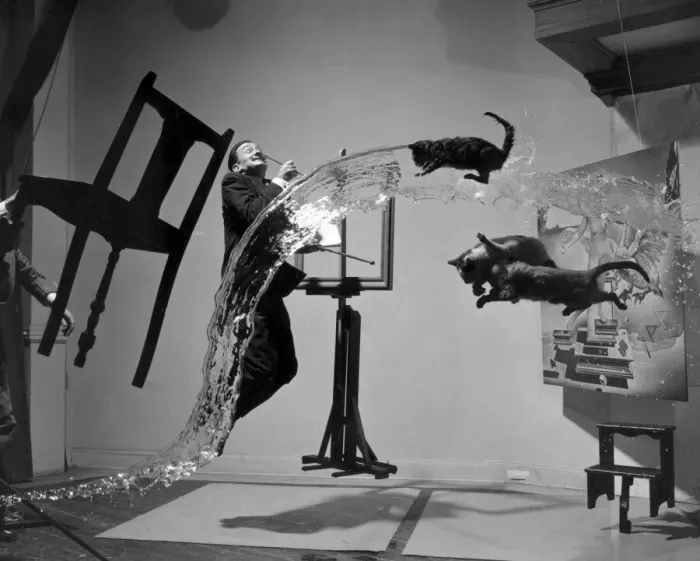 Gerahmter Druck : Salvador Dali (1904-1989). Spanischer Maler. Fotografiert mit Objekten, einschließlich Katzen und Wasser gefangen in surrealer Bewegung. Fotografiert von Philippe Halsman ca 1948 Gerahmter Druck : Salvador Dali (1904-1989). Spanischer Maler. Fotografiert mit Objekten, einschließlich Katzen und Wasser gefangen in surrealer Bewegung. Fotografiert von Philippe Halsman ca 1948