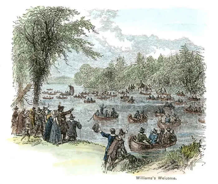Gerahmter Druck : Williams Rückkehr, 1644. Roger Williams (1603?-1683) begrüßt von Siedlern am Seekonk River im Herbst 1644 auf seiner Rückkehr aus England mit dem Charter für Providence Plantations, später als Kolonie Rhode Island organisiert. Holzschnitt, Amerikanisch, 1878 Gerahmter Druck : Williams Rückkehr, 1644. Roger Williams (1603?-1683) begrüßt von Siedlern am Seekonk River im Herbst 1644 auf seiner Rückkehr aus England mit dem Charter für Providence Plantations, später als Kolonie Rhode Island organisiert. Holzschnitt, Amerikanisch, 1878