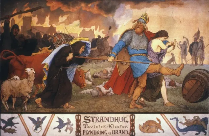 Gerahmter Druck : Vikinger plünderen ein Kloster. Gemälde von Lorenz Frolich, 1883 Gerahmter Druck : Vikinger plünderen ein Kloster. Gemälde von Lorenz Frolich, 1883