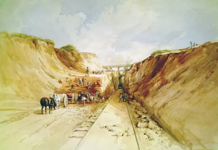 Gerahmter Druck : Bau einer Eisenbahnlinie im Jahr 1841; Graben eines Schneidkanals auf der Großen Westlichen Eisenbahngesellschaft Gerahmter Druck : Bau einer Eisenbahnlinie im Jahr 1841; Graben eines Schneidkanals auf der Großen Westlichen Eisenbahngesellschaft