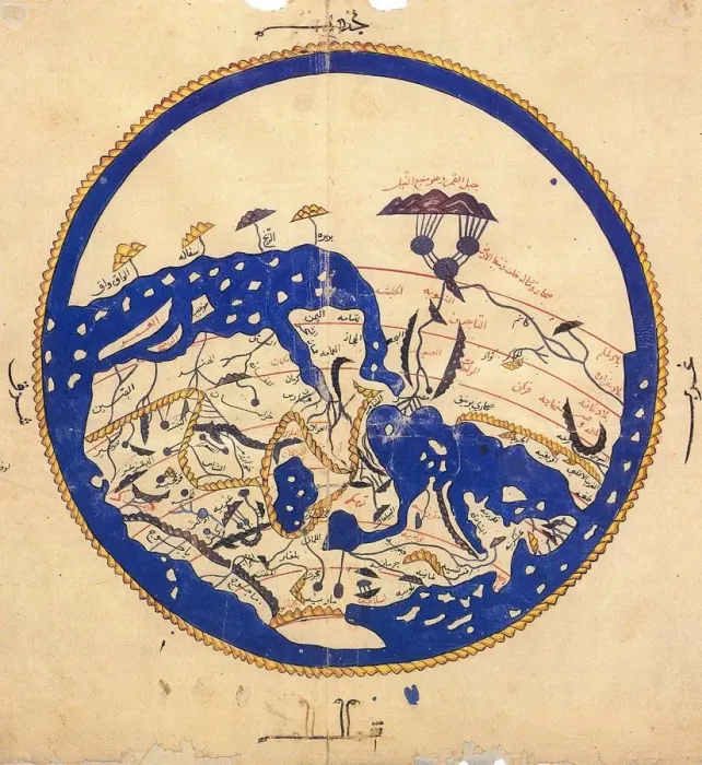 Gerahmter Druck : Eine Kopie aus dem Jahr 1456 nach Kairo von der Weltkarte, die vom arabischen Geografen Muḥammad ibn Idrīs vorbereitet wurde Gerahmter Druck : Eine Kopie aus dem Jahr 1456 nach Kairo von der Weltkarte, die vom arabischen Geografen Muḥammad ibn Idrīs vorbereitet wurde