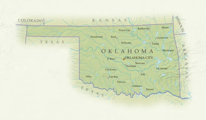 Gerahmter Druck : Karte von Oklahoma, Nahansicht Gerahmter Druck : Karte von Oklahoma, Nahansicht