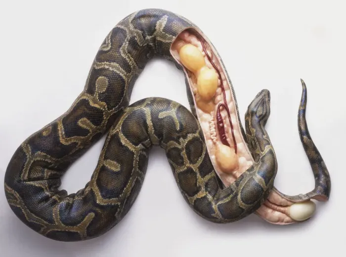 Gerahmter Druck : Modell einer Burma-Natternart (Python molurus bivittatus), Eierlegende, Schnittpunkt