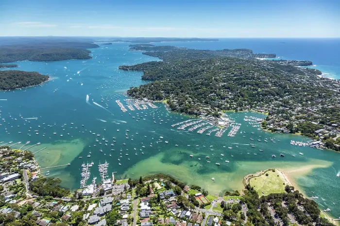Gerahmter Druck : Pittwater. Luftaufnahme von Pittwater, NSW Gerahmter Druck : Pittwater. Luftaufnahme von Pittwater, NSW
